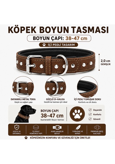 Perçin Süslemeli Deri Köpek Boyun Tasması 38-47 Cm Pedli İç Yüzey Metal Tokalı - Kahverengi Çok Renkli
