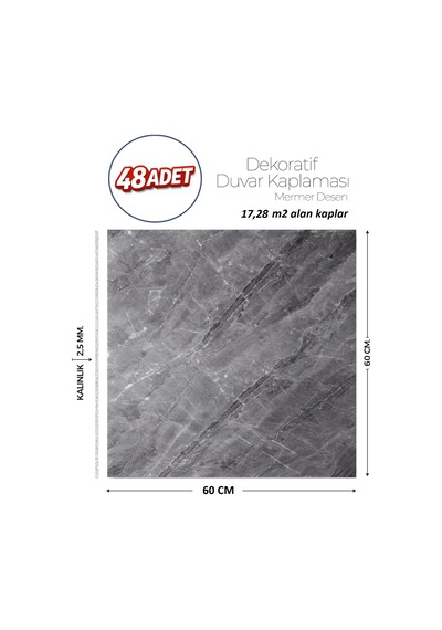 60x60 Cm Kendinden Yapışkanlı Duvar,banyo,tezgah Arası Antrasit Mermer-48 Adet 8807-60-48