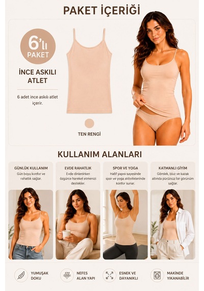 Berrak Kadın İp Askılı Penye Atlet Likralı Pamuku Bayan 6 Lı Paket Ten