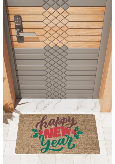 Rugmood Modern Dijtal Baskı Yılbaşı Happy New Year Yeni Yıl Kapı Önü Paspası Çok Renkli
