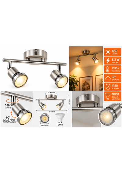 2 Li Gu10 Led Spot Aydınlatma Armatürü 2 2,6 W 460 Lümen 2700k Sıcak Beyaz Ampul Dahil Krom