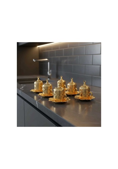 Türk Kahvesi Fincan Takımı Lale Desenli 6 Parça Metal Gold Lalezar Model Altın