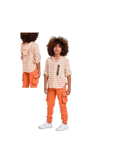 Escabel Erkek Çocuk Çizgili Kapüşonlu Cep Detaylı Gömlek-12008 Sarı