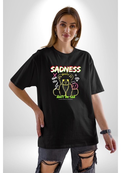 Üzüntü Üzülme Pamuklu Bisiklet Yaka Unisex Oversize Boyfriend Dijital Baskılı Siyah T-shirt Siyah