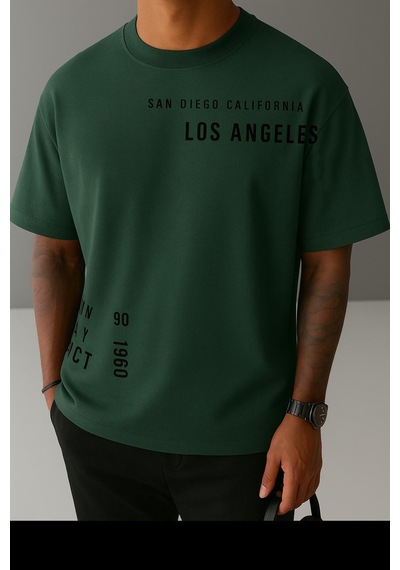 Los Angeles Baskılı Unisex Oversize Tişört Yeşil