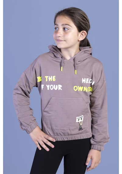 Toontoy Kız Çocuk Kapüşolu Kanguru Cepli Baskılı Sweatshirt Kahverengi