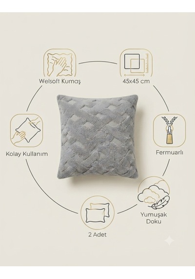 Fugo 2'li Welsoft Kırlent Kılıfı 45x45 Cm Dekoratif Fermuarlı Yumuşak Peluş Kırlent Kılıfı Koltuk Ve Kanepe İçin Gri