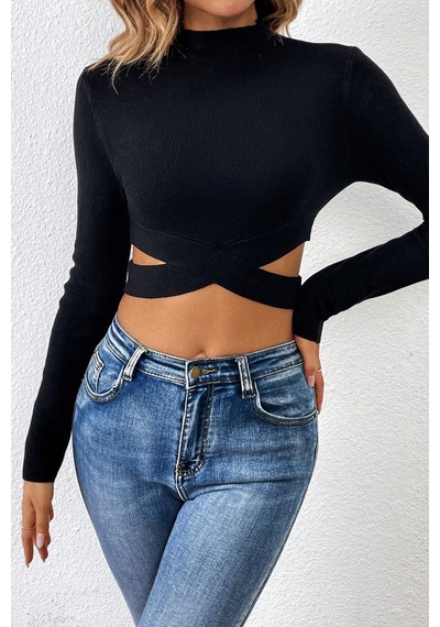 Angbutik Kadın Siyah Çapraz Bel Detaylı Dik Yaka Uzun Kol Crop Top Bluz