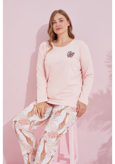 Siyah İnci Pamuklu Curve Büyük Beden Battal Boy Örme Pijama Takım24240729 Somon