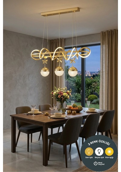 Kuzey Yemek Masası Modern 3 Renk Kumandalı Gold Avize - Salon Yemek Masası Aydınlatma