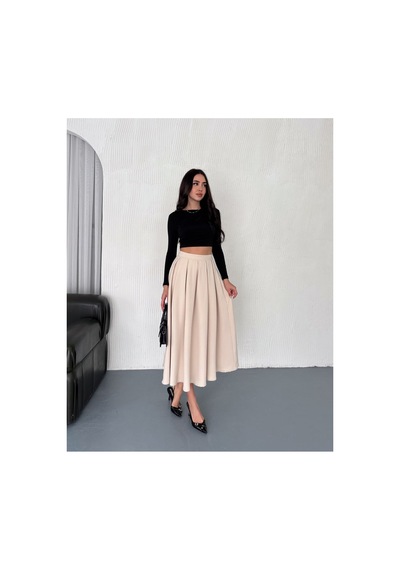 Winmoda34 Tesettür Dabıl Kumaş Pileli 91 Cm Tam Boy Uzun Etek Bej