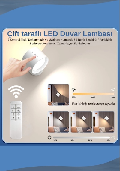 Mıknatıslı Uzaktan Kumandalı Çift Taraflı Duvar Aplik Led Aydınlatma 3 Renk Usb Şarjlı Çok Renkli