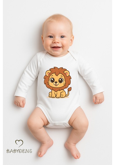Babyden's Sevimli Hayvan Figürlü %100 Pamuk Uzun Kollu Çıtçıtlı Bebek Body Aslan Beyaz