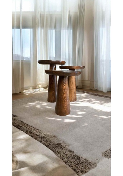 Modern Tasarım Ahşap Mantar Sehpa Ceviz Renk 3 Lü Zigon Set