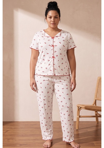 Siyah İnci Beden Fitilli Kaşkorse Örme Pijama Takım26120851 Beyaz Kiraz