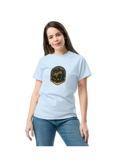 Wildstyle Boz Ayı Renkli Vintage Yaban Hayat Doğa Orman Rozet Baskılı Unisex Bisiklet Yaka Pamuklu Tişört Bebe Mavi