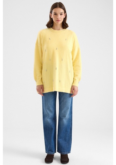 Olcay Taş Detaylı Soft Kumaş Oversize Triko Kazak Sarı 8290