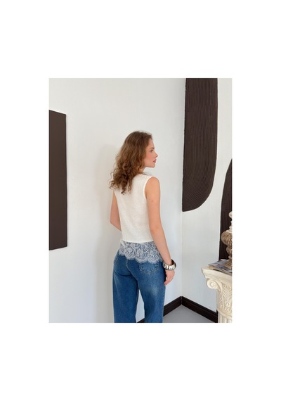 Verymoda V Yaka Dantel Detaylı Triko Bluz S1009003 Krem