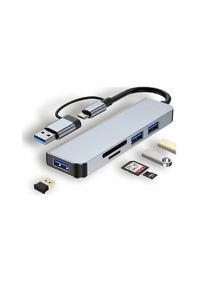 Hepu Hp-b07 5-in-1 Type-c & Usb 3.0 Hub Çoğaltıcı 3x Usb Port Sd/tf Kart Okuyucu Çift Girişli Alüminyum Gövde Çoklu Adaptör