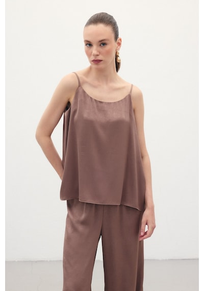 Sateen Askılı Saten Bluz - Kahve-136346 Kahve
