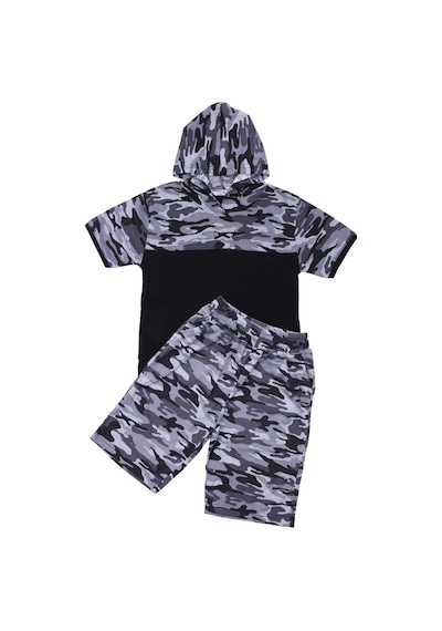 Fyk Kids Erkek Çocuk Kapüşonlu Kamuflaj Desenli Kapri-sweatshirt Alt Üst Takım Gri