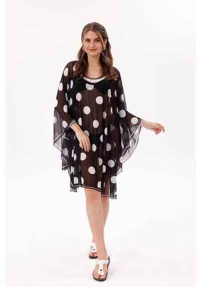 Tarzını Seç Kısa Kimono Pareo - Tesettür Pareo - Puantiyeli Siyah 180x135 Cm Çok Renkli