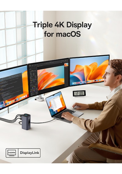 Baseus Docking Station Spacemate Serisi 11'i 1 Arada Yerleştirme İstasyonu, 3 Monitör, 2 X Hdmı 1 X Dp 4k 60hz, 3 X Usb-a/c 10 Gbps, 1 Gbps Ethernet, 100 W Pd