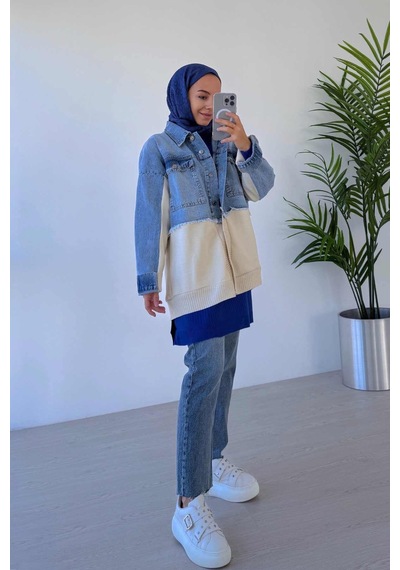Ka Hijab Jean Detaylı Düğmeli Triko Hırka Mavi