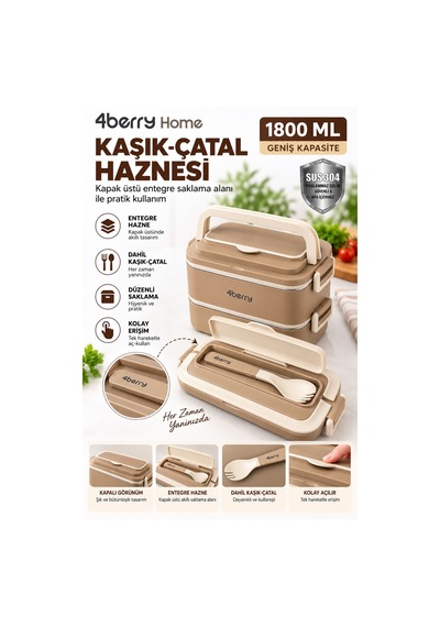 2 Katlı Yemek Termosu 3 Bölmeli 1800 Ml Taşınabilir Yemek Kabı, 304 Paslanmaz Çelik, Sızdırmaz, Isı Yalıtımlı, Kaşıklı Kahverengi