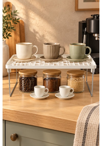 Katlanabilir Metal Ayaklı Dolap İçi Raf Yükseltici 36x22x16 Cm Mutfak Ve Banyo Düzenleyici Organizer Beyaz