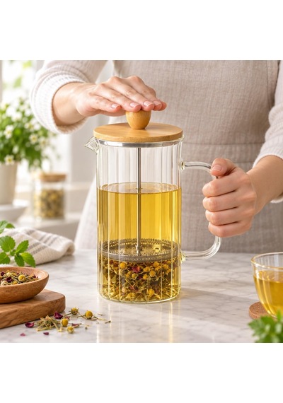Bambu Kapaklı French Press, 1000 Ml Borosilikat Cam Filtre Kahve Ve Bitki Çayı Demliği, Cam Kulplu, Manuel Pres Filt Diğer