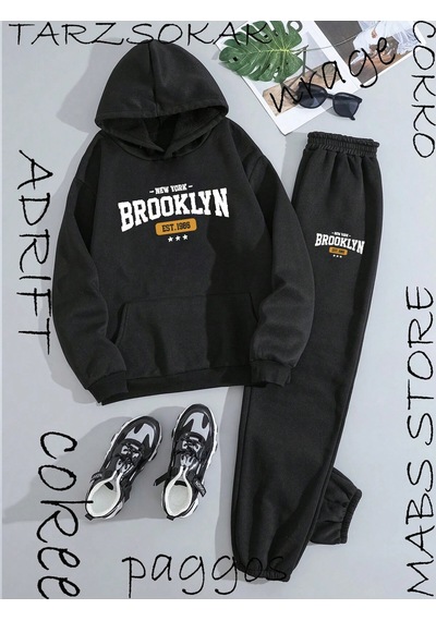 Tarzsokak Brooklyn 2 Li Kapşonlu Eşofman Takımı Siyah