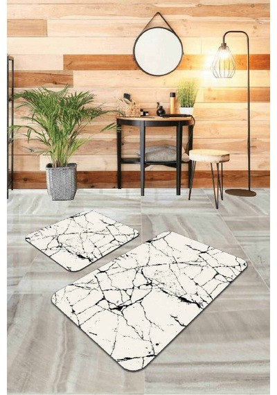 Ekru Mermer Görünümlü Banyo Halısı Klozet Paspas Seti Bs321n11