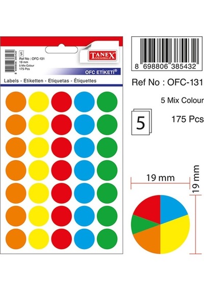 Tanex Ofis Etiketi Poşetli Yuvarlak 19 Mm Mix Color OFC-131