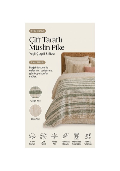 %100 Pamuk 4 Kat Müslin Battaniye Yorgan Pike 220 240 Yatak Örtüsü Yeşil - 872847612 Yeşil