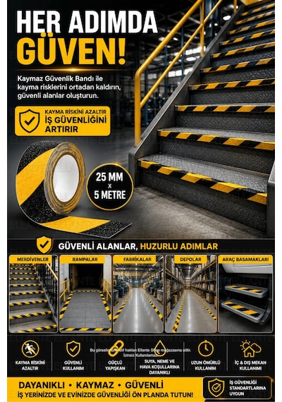 Kaydırmaz Güvenlik Bandı 25 Mm X 5 Metre Sarı Siyah Güçlü Yapışkanlı Merdiven Rampa Zemin Kaydırmaz