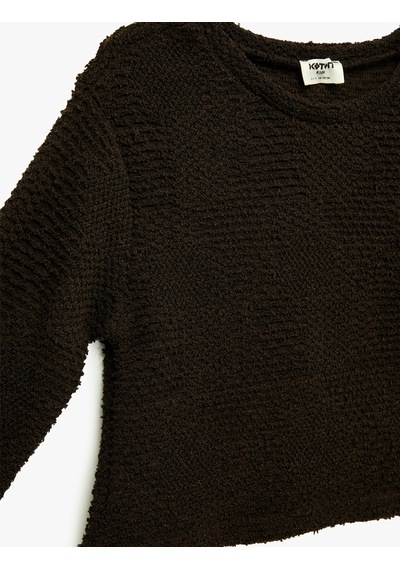 Koton Bisiklet Yaka 3/4 Kollu Dokulu Sweatshirt Kahverengi 6wkg10537ak Kahve