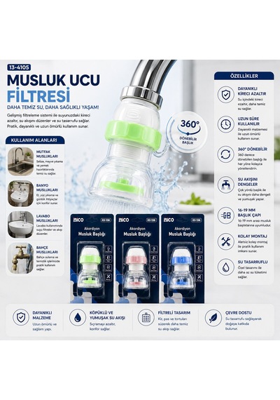 İbico İ13-138 Musluk Ucu Filtresi 16-19mm Tüm Musluklara Uyum 360 Akordiyon Pervaneli - 12'li Paket Diğer