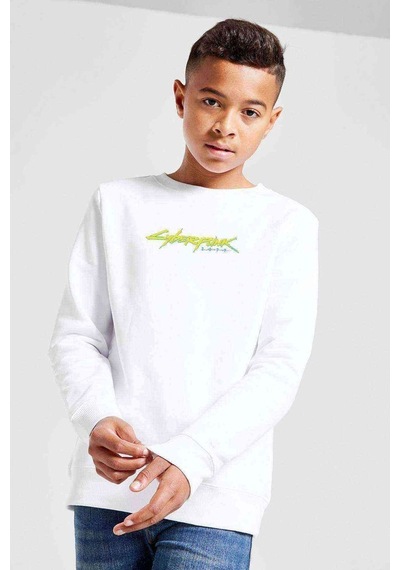 Tshirthane Cyberpunk Baskılı Unisex Çocuk Beyaz Sweatshirt (534645774) Beyaz