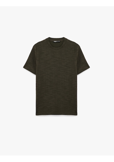 Koton Regular Fit Kısa Kollu Dokulu Tok Kumaş Bisiklet Yaka Tişört Haki 6sam10378mk