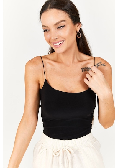 Armonika Kadın Siyah İp Askılı Astarlı Crop Bluz Arm-22y055003