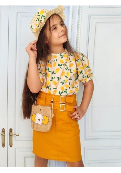 Quzucuk Kids Kız Çocuk Limon Figürlü Etekli Sarı Takım Sarı