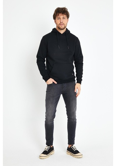 Polostate Erkek Kapüşonlu Kanguru Cep 3 İplik Sweatshirt Siyah