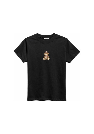 Mixray 2078 Kadın Pamuk Ayıcık Nakışlı Bisiklet Yaka T-shirt Siyah