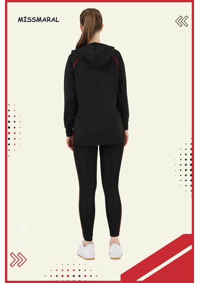 Kadın Eşofman Takım Siyah Üst Tunik & Siyah Regular Fit Lycralı Tayt Dalgıç Kumaş Aktif Spor 3060 Siyah Kırmızı Şeritli