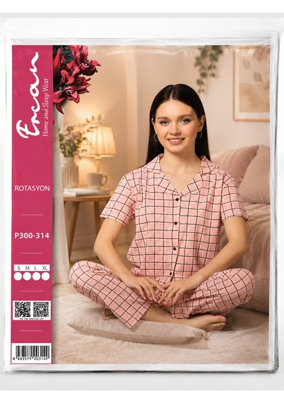 Ercan Pembe Kareli Desenli Kısa Kollu Uzun Altlı Pijama Takımı Açık Pembe