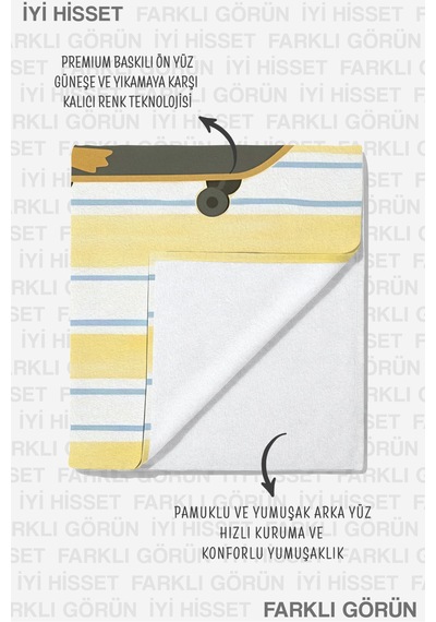 Kaykaylı Ördek Çizgili Çocuk Plaj Havlusu - Marine Sarı Mavi Çocuk Hızlı Kuruyan Mikrofiber Havlu Dalgın Yosun