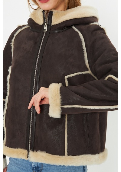 M M Marki Marki Hakiki Nubuk Deri Kapüşonlu Oversize Kadın Mont - İçi Kürklü - Kahverengi 65 Cm - 115522 Nubuk Kahverengi