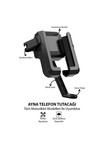 Motosiklet Uyumlu Ayna Telefon Tutacağı Metal + Abs Plastik Siyah Renk