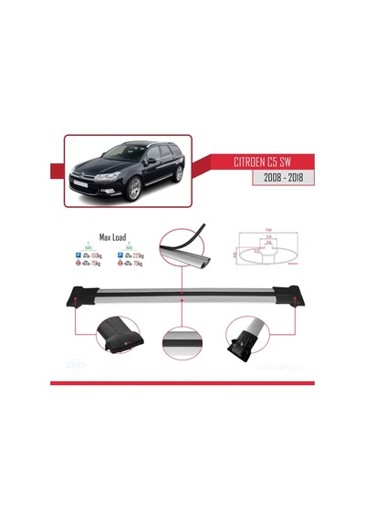 Citroen C5 Sw 2008-2018 Arası İle Uyumlu Fly Model Ara Atkı Tavan Barı Gri
